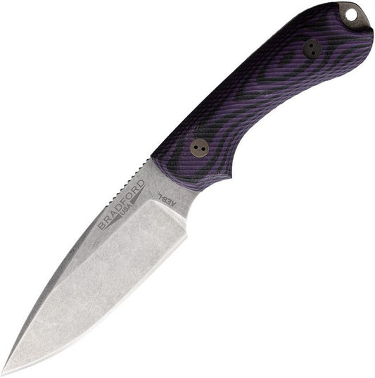 BRADFORD GUARDIAN 3 3D FIXED BLADE KNIFE PURPLE/BLACK G10 HANDLE AEB-L PLAIN EDGE STONEWASH FINISH 3FE119A