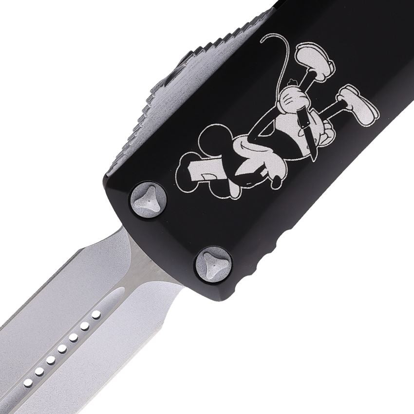 Microtech 232-1SB Signature Series Steamboat Willie UTX-85 AUTO OTF Knife 3" Antique White Drop Point Blade, Black Laser Etched Aluminum Handles, Antique White Accents