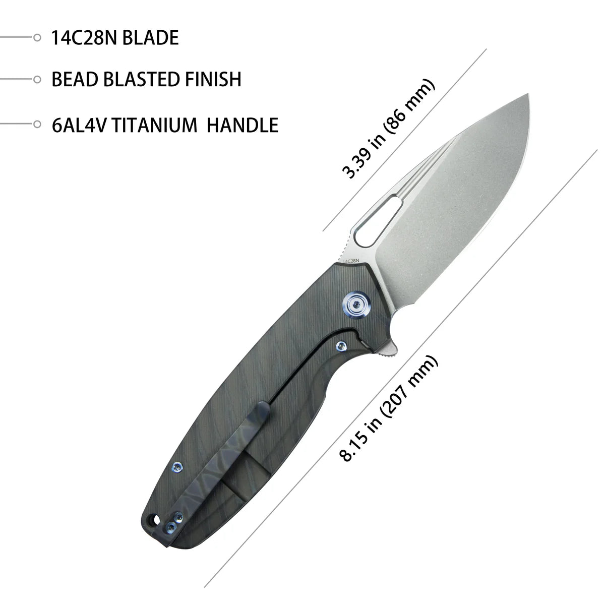 Kubey Tityus Frame Lock Flipper Folding Knife Flame Pattern Titanium Handle 3.39" Beadblast 14C28N