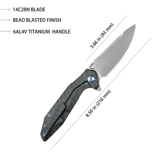 Kubey Nova Frame Lock Flipper Folding Knife Flame 6AL4V Titanium Handle 3.66" Bead Blasted 14C28N KB235G