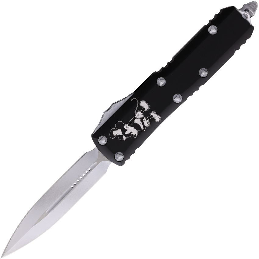 Microtech 232-1SB Signature Series Steamboat Willie UTX-85 AUTO OTF Knife 3" Antique White Drop Point Blade, Black Laser Etched Aluminum Handles, Antique White Accents