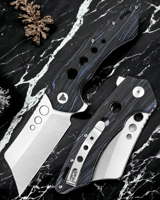 TRIVISA MENSAE-03BB FOLDING KNIFE BLUE/BLACK G10 HANDLE 154CM CLEAVER PLAIN EDGE SATIN FINISH