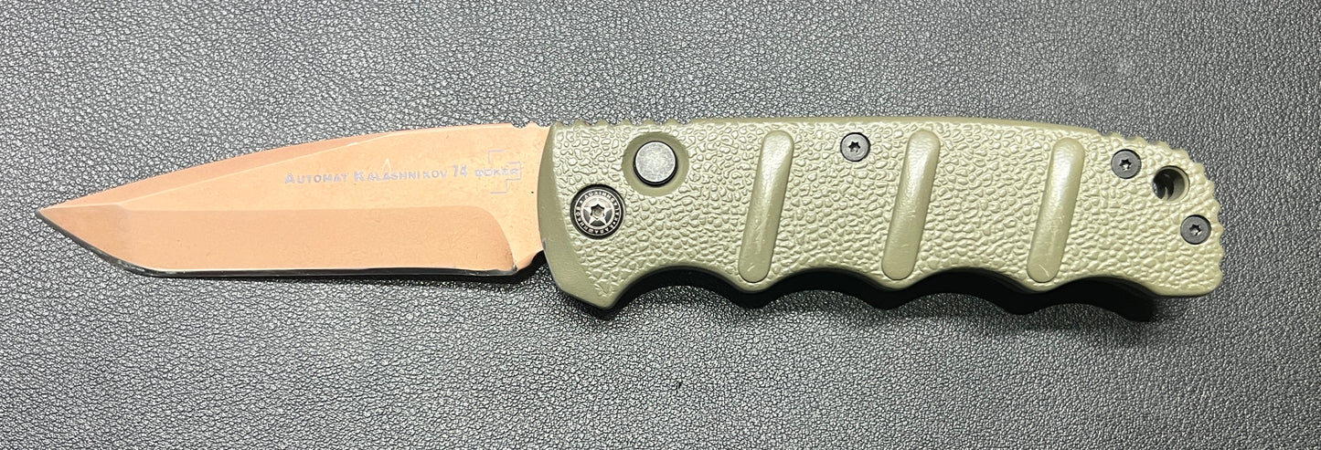 Boker Desert Warrior Kalashnikov Tanto Automatic Knife Green (3.25" D2 Copper)