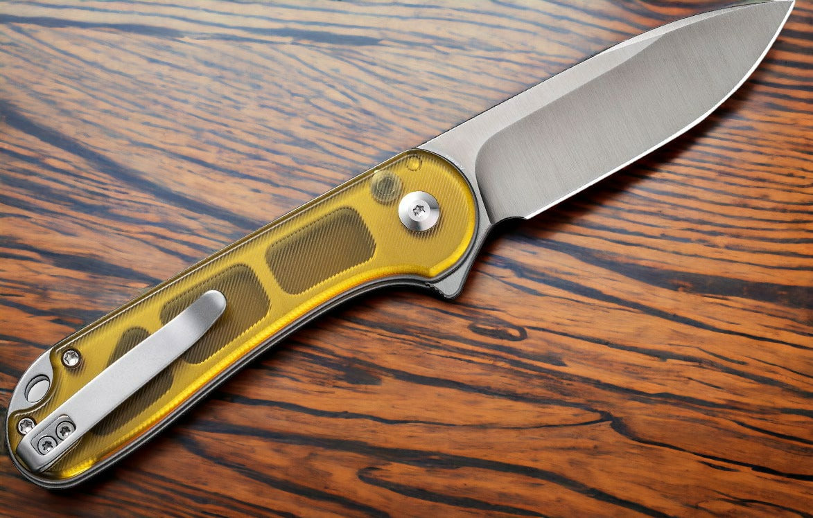 CIVIVI Knives Button Lock Elementum II Flipper Knife 2.96" Nitro-V Satin Drop Point Blade, Polished Ultem Handles - C18062P-7