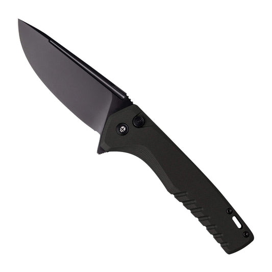 TEKTO F3 CHARLIE BUTTON LOCK FOLDING KNIFE BLACK G10 HANDLE D2 DROP POINT PLAIN BLACK BLADE