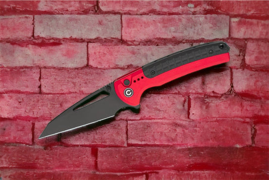 CIVIVI Knives Sentinel Strike Button Lock Flipper Knife 3.7" K110 (D2) Black Reverse Tanto Blade, Red Aluminum Handles with Black FRN Inlay - C22025B-1