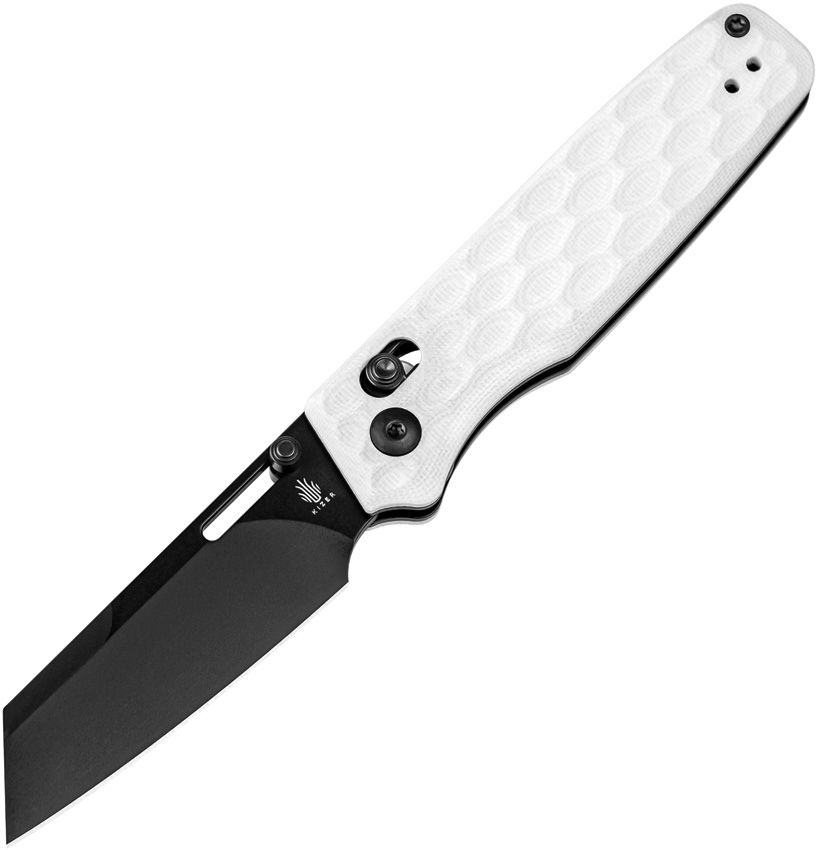 Kizer Cutlery Vanguard Nick Consoli Task Clutch Lock Folding Knife 3.04" Nitro-V Black Reverse Tanto Blade, Milled White G10 Handles, Reversible Clip, AXIS/Crossbar Lock - V3641A1