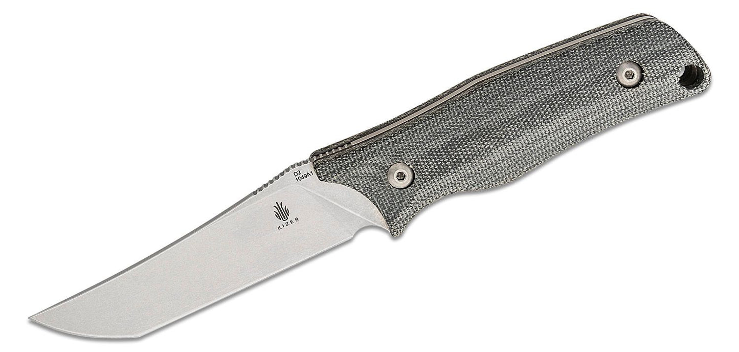 Kizer Cutlery 1049A1 Johnathan Styles Elgon Fixed Blade Knife 3.94" D2 Stonewashed Tanto, Gray Micarta Handles, Kydex Sheath