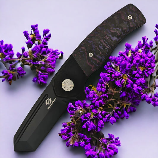 BEANS BLADES Mini Warrior M390 Black PVD Tanto Blade with RK08G Purple Haze Cross Cut Handle (BBBWFPURPLE)