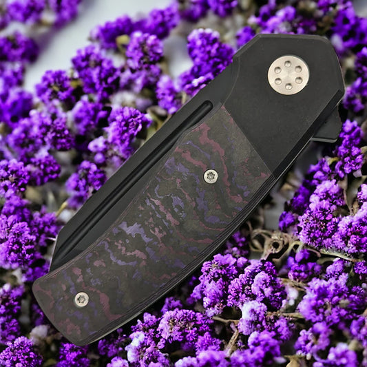 BEANS BLADES Mini Warrior M390 Black PVD Tanto Blade with RK08G Purple Haze Cross Cut Handle (BBBWFPURPLE)