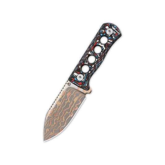 QSP Canary Neck Knife Brass Copper Damascus Blade CF Handle QS141-H - Sample - Rare