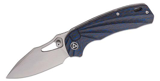 QSP Knives Hornbill Front Flipper Knife 3.25" S35VN Stonewashed Drop Point Blade, Blue Carbon Fiber Handles - QS146-B1 - Sample - Rare