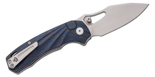 QSP Knives Hornbill Front Flipper Knife 3.25" S35VN Stonewashed Drop Point Blade, Blue Carbon Fiber Handles - QS146-B1 - Sample - Rare