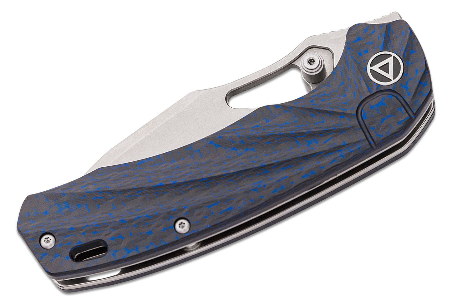 QSP Knives Hornbill Front Flipper Knife 3.25" S35VN Stonewashed Drop Point Blade, Blue Carbon Fiber Handles - QS146-B1 - Sample - Rare