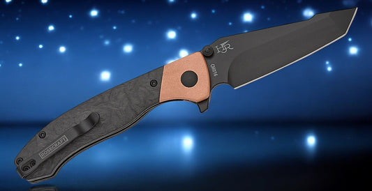 RoseCraft Blades Aeris Rex Liner Lock Flipper Knife 3.45" RPM9 Black PVD Harpoon Tanto Blade, Marbled Carbon Fiber Handles with Copper Bolsters - RCM016-MCF