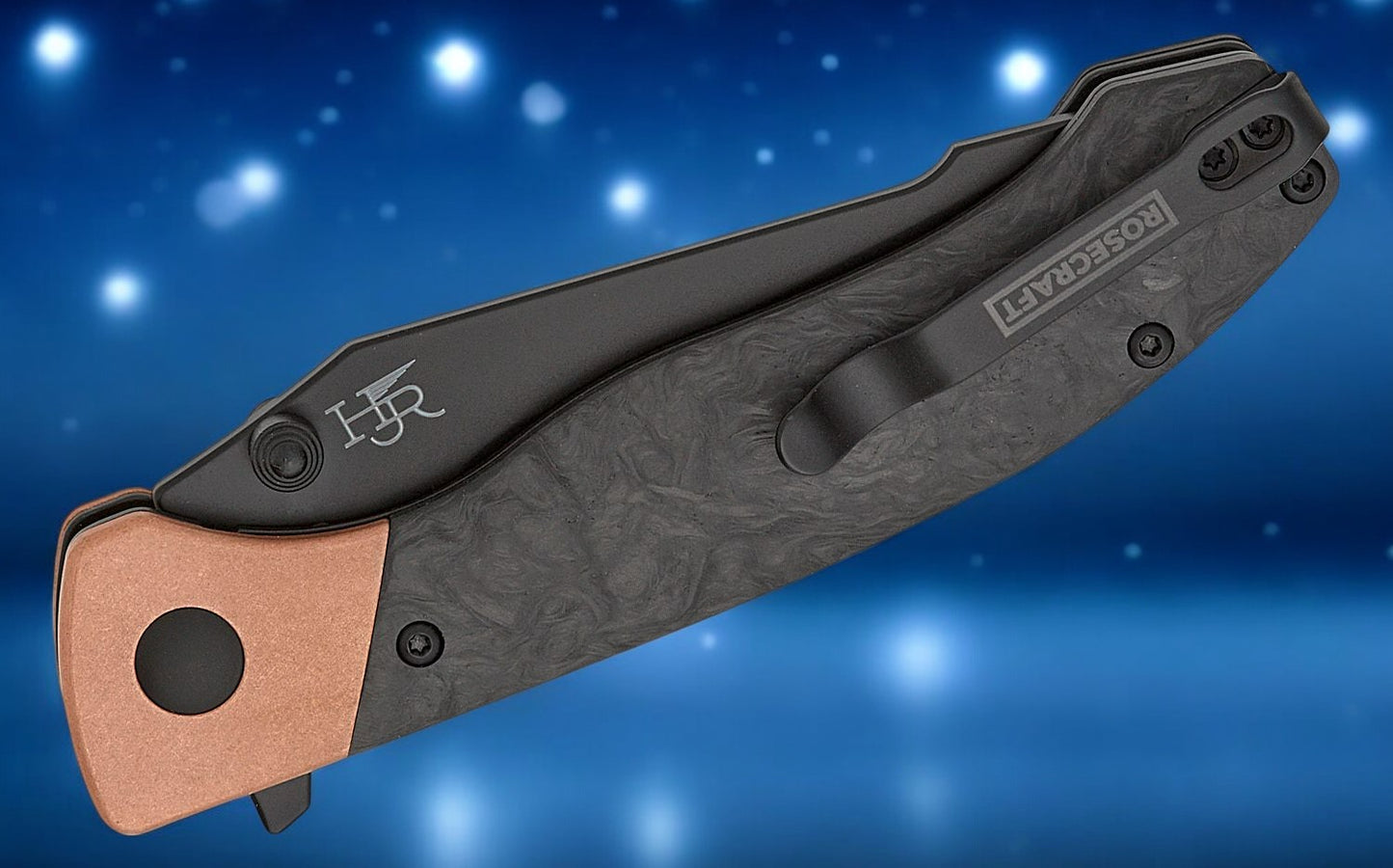 RoseCraft Blades Aeris Rex Liner Lock Flipper Knife 3.45" RPM9 Black PVD Harpoon Tanto Blade, Marbled Carbon Fiber Handles with Copper Bolsters - RCM016-MCF