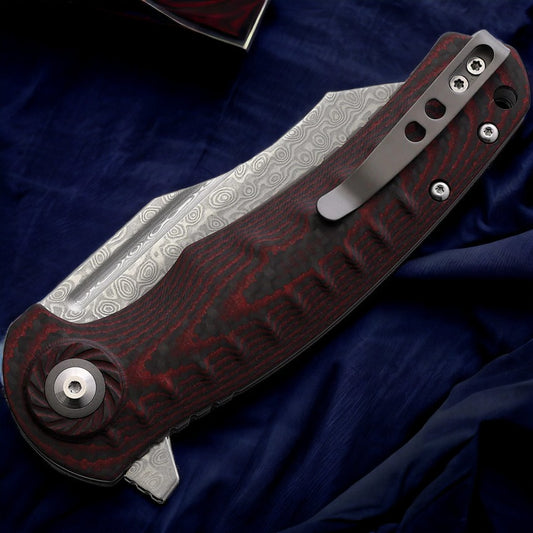 SHIELDON TRANCHODON LINERLOCK RED G10 FOLDING DAMASCUS POCKET KNIFE 7093D1