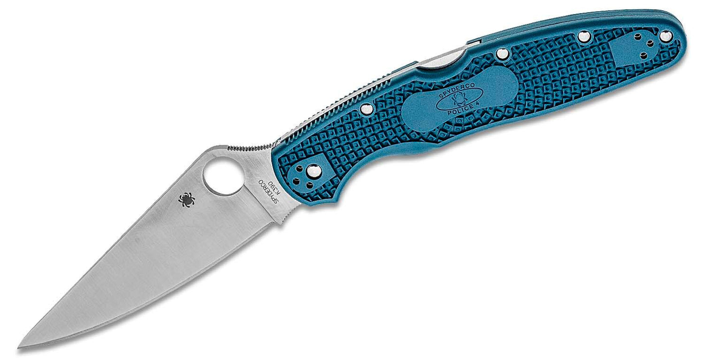 Spyderco Police 4 Lightweight Folding Knife 4.38" K390 Satin Plain Blade, Blue FRN Handles - C07FP4K390 - SETI