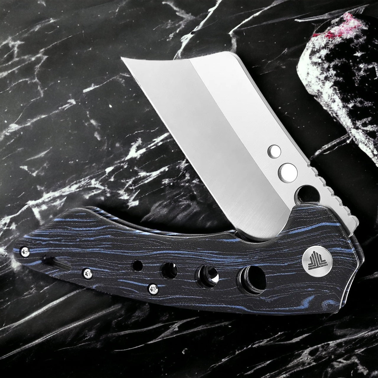 TRIVISA MENSAE-03BB FOLDING KNIFE BLUE/BLACK G10 HANDLE 154CM CLEAVER PLAIN EDGE SATIN FINISH