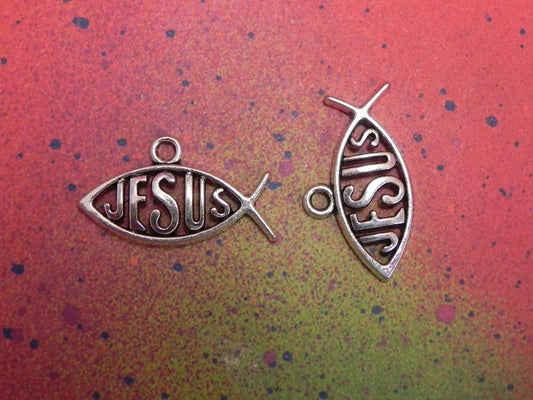 JESUS Pendant Christian Fish Symbol Charms Religious Ichthys Pendant Silver - 2 Pack