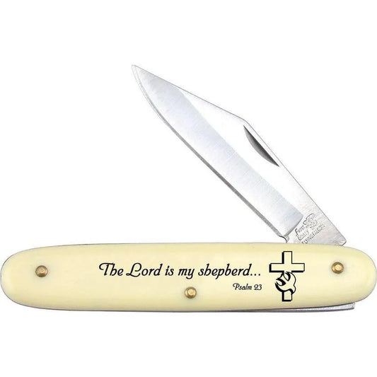 Frost NB12 Psalm 23 Novelty Knife Folding Pocket Knife with Yellow Synthetic Handle